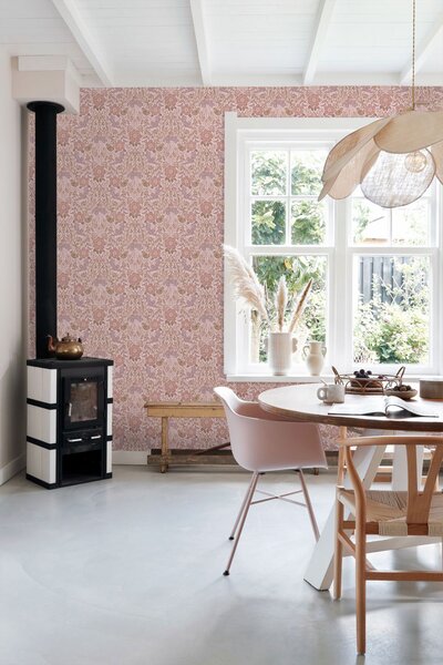Tapeta s květinami a ptáky, růžová, 139830, Floral Fever, Esta Home