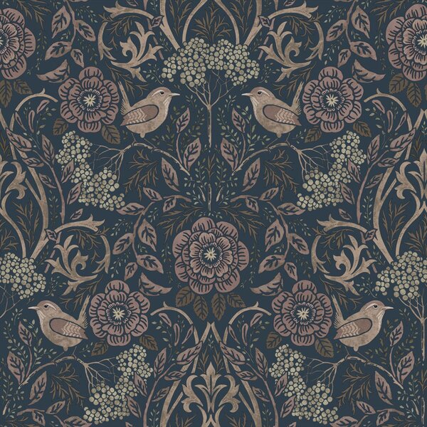 Tapeta s květinami a ptáky, modrá, starorůžová, 139832, Floral Fever, Esta Home