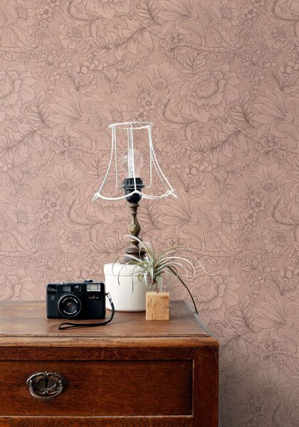 Tapeta s květinami a listy, růžová, 139794, Floral Fever, Esta Home