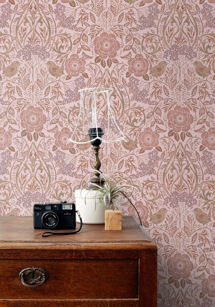 Tapeta s květinami a ptáky, růžová, 139830, Floral Fever, Esta Home