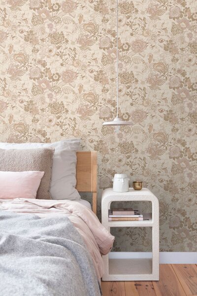 Tapeta s květinami, béžová, starorůžová, 139763, Floral Fever, Esta Home