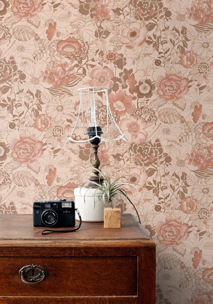 Tapeta s květinami, růžovo-hnědá (terakotová), růžová, 139766, Floral Fever, Esta Home