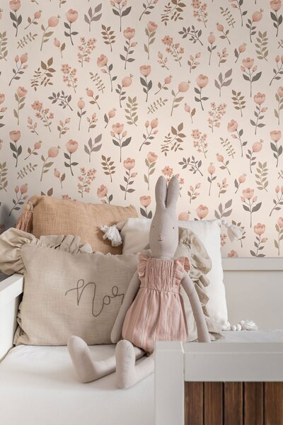 Dětská tapeta s květinami, růžová, béžová, 139693, Floral Fever, Esta Home
