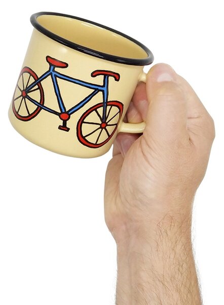 Smaltovaný hrnek Smaltum Retro kolo, béžový, autorská ilustrace, plecháček, 350 ml