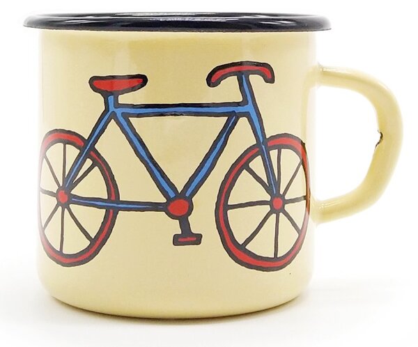 Smaltovaný hrnek Smaltum Retro kolo, béžový, autorská ilustrace, plecháček, 350 ml