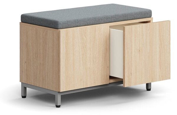 AJ Produkty Lavice s úložným prostorem QBUS, šedý podsedák, 2 zásuvky, nohy, bezúchytkové otevírání, 534x800x420