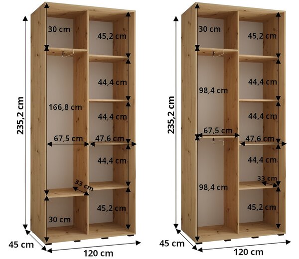 Šatní skříň DAVOS 5 posuvné dvěře a zrcadlo, 120×235×45, Černá / černé pojezdy