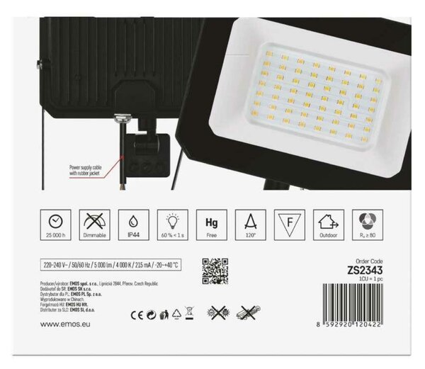 EMOS LED reflektor SIMPO s pohybovým čidlem, 50 W, černý, neutrální bílá ZS2343