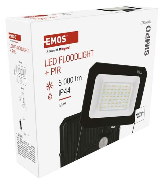 EMOS LED reflektor SIMPO s pohybovým čidlem, 50 W, černý, neutrální bílá ZS2343