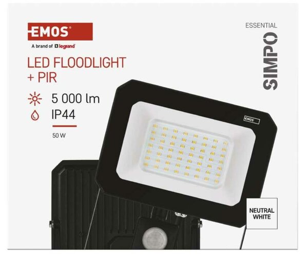 EMOS LED reflektor SIMPO s pohybovým čidlem, 50 W, černý, neutrální bílá ZS2343