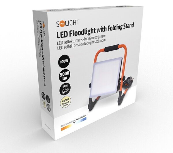Solight LED reflektor se sklopným stojanem, 100W, 9000lm, 4000K, kabel se zástrčkou, IP65 WM-100W-FEQ