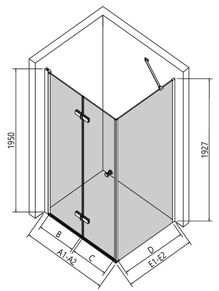 Erga Berlin, sprchový kout se skládacími dveřmi 120(dveře) x 70(stěna) x 195 cm, 6mm čiré sklo, černý profil, ERG-V02-BERLIN-D120G070-CL-BK