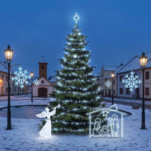 Vianočná sada pre obce „Ľadová vločka X“ a betlehem, strom 6–8 m Flash, 3D LED anjel 122 cm, betlehem 162 × 172 cm, ľadovo biela