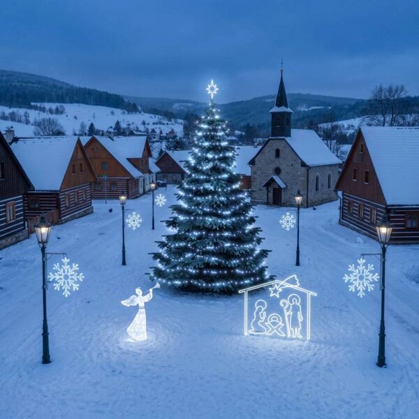 Vianočná sada pre obce „Ľadová vločka X“ a betlehem, strom 6–8 m Flash, 3D LED anjel 122 cm, betlehem 162 × 172 cm, ľadovo biela