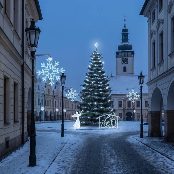 Vianočná sada pre obce „Ľadová vločka X“ a betlehem, strom 6–8 m Flash, 3D LED anjel 122 cm, betlehem 162 × 172 cm, ľadovo biela