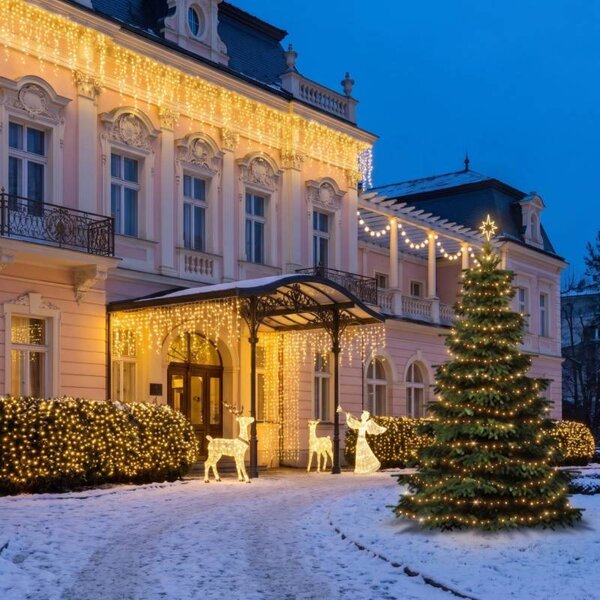 Vánoční sada pro hotely Velký vchod a zahrada, strom 6–8 m, 3D LED jelen a laň 150 cm, 3D LED anděl 122 cm, teplá bílá