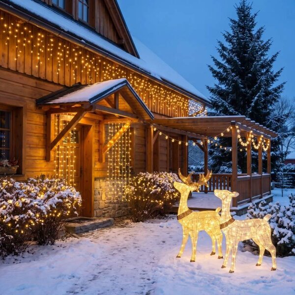 Vánoční sada pro hotely Hlavní vchod, 4× krápníky 3 m × 90 cm, 3× řetěz 20 m, 3D LED jelen a laň 150 cm, teplá bílá