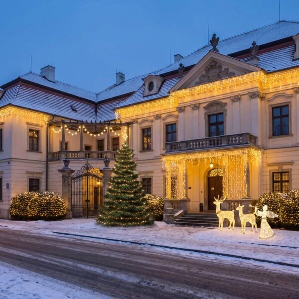Vánoční sada pro hotely Velký vchod a zahrada, strom 6–8 m, 3D LED jelen a laň 150 cm, 3D LED anděl 122 cm, teplá bílá