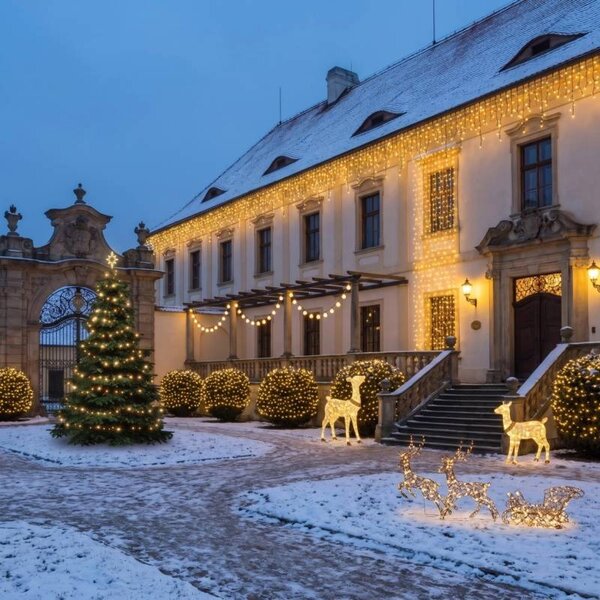 Vánoční sada pro hotely Zahrada a vchod, strom 3–5 m, 5× krápníky 3 m, 3D LED jelen a laň 150 cm, 3D LED jeleni se sáněmi 180 cm, teplá bílá