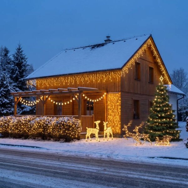Vánoční sada pro hotely Zahrada a vchod, strom 3–5 m, 5× krápníky 3 m, 3D LED jelen a laň 150 cm, 3D LED jeleni se sáněmi 180 cm, teplá bílá