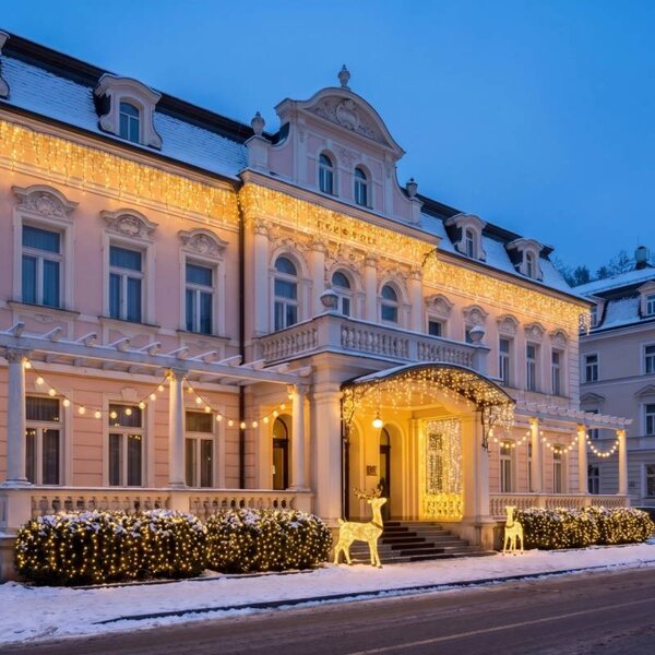 Vánoční sada pro hotely Hlavní vchod, 4× krápníky 3 m × 90 cm, 3× řetěz 20 m, 3D LED jelen a laň 150 cm, teplá bílá