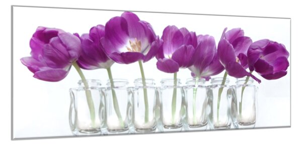 Obraz skleněný temně fialové tulipány v řadě sklenic - 30 x 60 cm