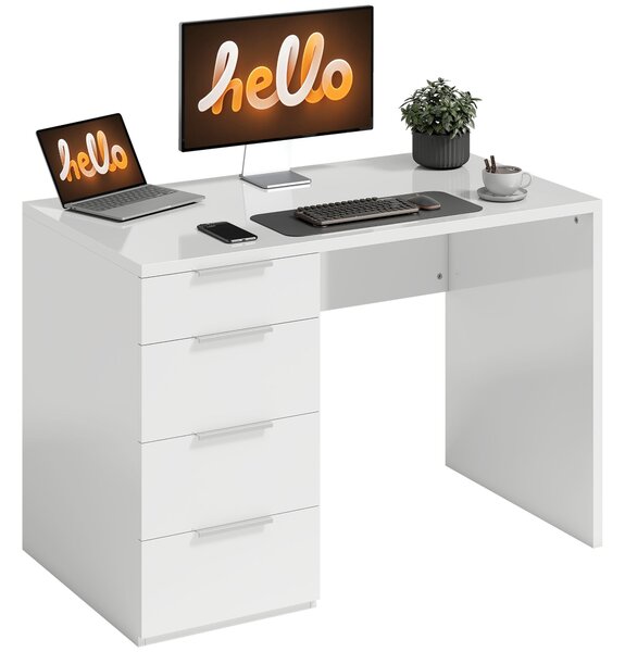 HOMCOM lesklý psací stůl s 4 zásuvkami, 110 x 60 cm — moderní úložný stůl do malých prostor, domácí kancelář, bílý | Aosom
