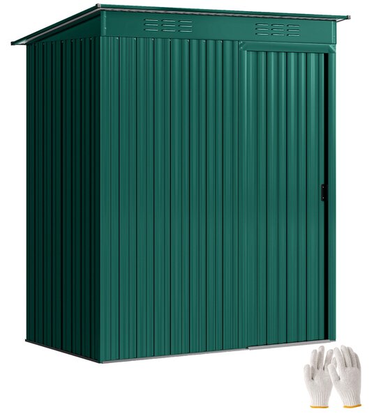Outsunny kovová zahradní kůlna 1,37 m² — snadná montáž, posuvné dveře, větrání, skloněná střecha, obsahuje montážní rukavice, 159 × 106 × 181 cm, zele