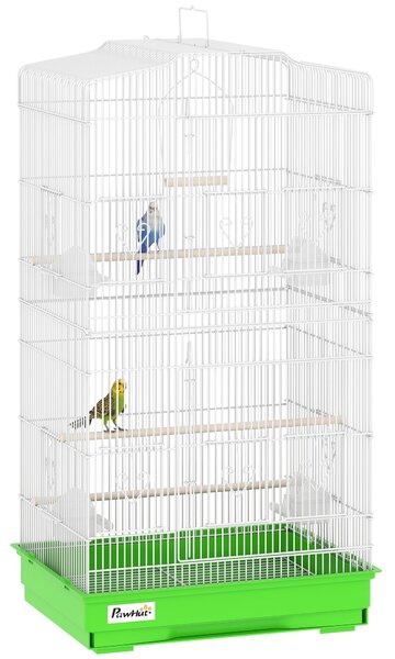 Kovová klec PawHut s 4 krmítky, 3 dřevěnými bidýlky a houpačkou, vyjímatelný tácek a madlo — 46,5 x 35,5 x 92 cm (zelená) | Aosom
