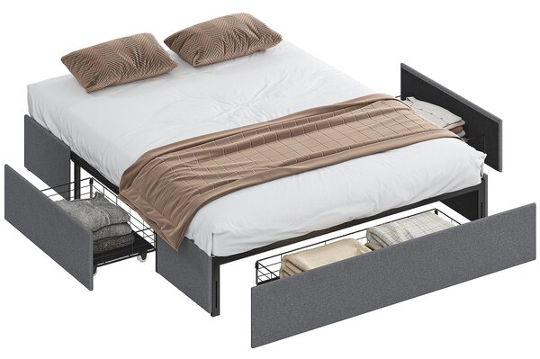 HOMCOM čalouněný rám dvoulůžka 165 × 193 cm (pro matraci 160 × 190 cm), 3 zásuvky, dřevěný lamelový rošt, bez matrace – šedý | Aosom