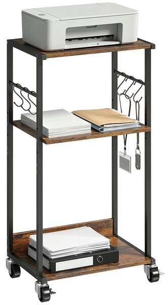 HOMCOM 3patrový pojízdný stojan na tiskárnu s kolečky a brzdami a 6 bočními háčky, úspora místa, kov a dřevo, pro domácnost/kancelář/studio/průmysl, 4