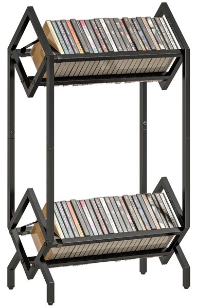 HOMCOM kovový dvoupatrový stojan na CD – úsporná police na 50 CD pro DVD, knihy, obývací pokoj, ložnici, kancelář, 45,2 × 25,4 × 80 cm, černá | Aosom
