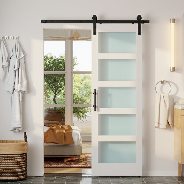 HOMCOM interiérové posuvné dveře s kování, MDF a matné sklo, 71,2 × 213,4 cm — včetně pojezdu, koleček a podlahového vodítka, bílé | Aosom