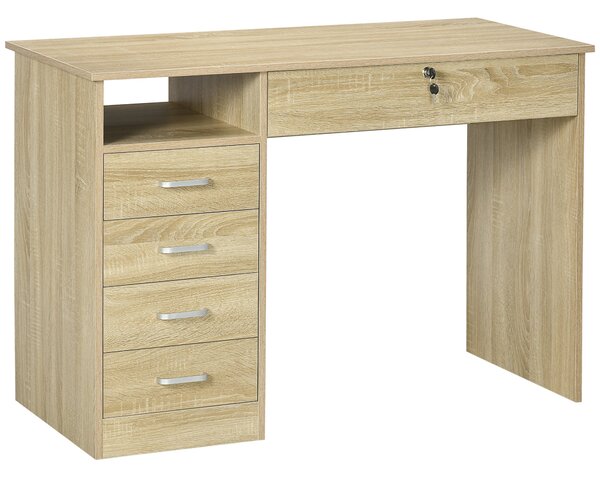 HOMCOM kompaktní psací stůl 5 zásuvek s zámkem — 110×50×76 cm, dubový dekor | Aosom
