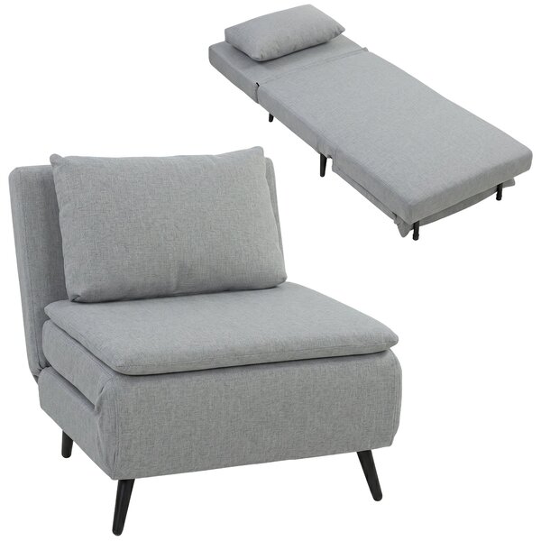 HOMCOM 3-in-1 Folding Single Sofa Bed – 3-Position Adjustable Back, Removable Cushion, Linen-Look, Eucalyptus Wood, Light Grey (29.5 x 34.6 x 30.7 in)
