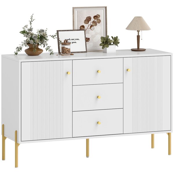 HOMCOM moderní komoda – 3 tiché zásuvky, 2 nastavitelné police, 5 ocelových nožiček, 120 × 39,1 × 76 cm, bílá | Aosom