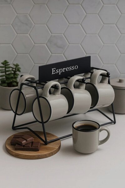 ŠEDÉ PORCELÁNOVÉ ŠÁLKY NA ESPRESSO 100 ML 6 KS S KOVOVÝM STOJANEM
