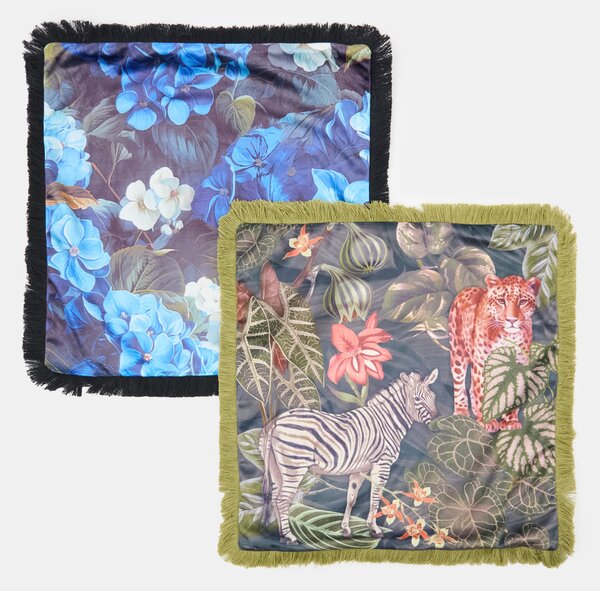 Sinsay - Decorative pillowcase with fringes in tropical pattern - zelená
