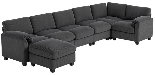 HOMCOM U-tvarovaná rohová sedací souprava, 292×224 cm — kordurový potah, kapsové pružiny, odnímatelný taburet | Aosom