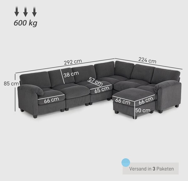 HOMCOM U-tvarovaná rohová sedací souprava, 292×224 cm — kordurový potah, kapsové pružiny, odnímatelný taburet | Aosom