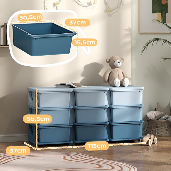 HOMCOM komoda s 9 zásuvkami pro děti – organizér na hračky, modrý, 113 x 37 x 56,5 cm – pro děti 3–6 let | Aosom