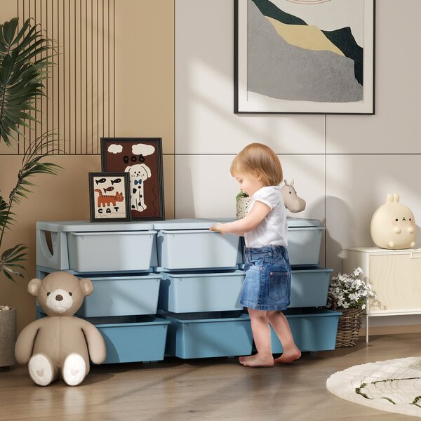 HOMCOM komoda s 9 zásuvkami pro děti – organizér na hračky, modrý, 113 x 37 x 56,5 cm – pro děti 3–6 let | Aosom