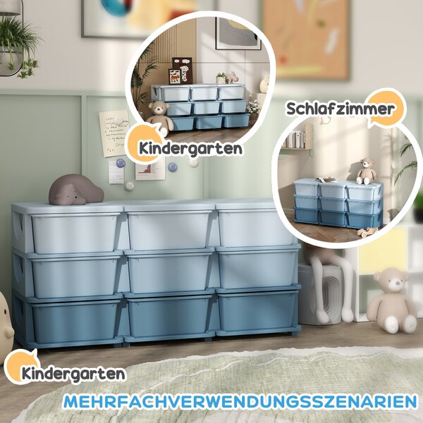 HOMCOM komoda s 9 zásuvkami pro děti – organizér na hračky, modrý, 113 x 37 x 56,5 cm – pro děti 3–6 let | Aosom