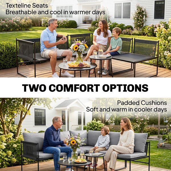 Outsunny 5-Piece Outdoor Lounge Set for 4–5 – Modular L-Shaped Sofa, Armless Chair, 2 Coffee Tables, Washable Cushions, Breathable Mesh Seats – Dark G
