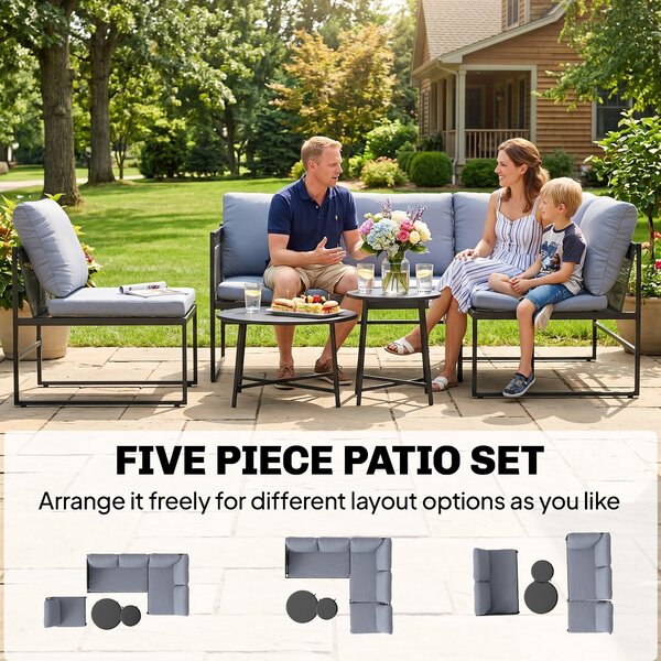 Outsunny 5-Piece Outdoor Lounge Set for 4–5 – Modular L-Shaped Sofa, Armless Chair, 2 Coffee Tables, Washable Cushions, Breathable Mesh Seats – Dark G