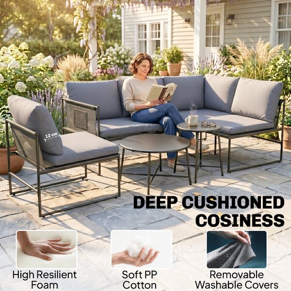 Outsunny 5-Piece Outdoor Lounge Set for 4–5 – Modular L-Shaped Sofa, Armless Chair, 2 Coffee Tables, Washable Cushions, Breathable Mesh Seats – Dark G