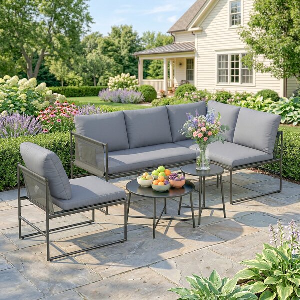 Outsunny 5-Piece Outdoor Lounge Set for 4–5 – Modular L-Shaped Sofa, Armless Chair, 2 Coffee Tables, Washable Cushions, Breathable Mesh Seats – Dark G