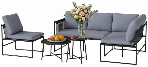 Outsunny 5-Piece Outdoor Lounge Set for 4–5 – Modular L-Shaped Sofa, Armless Chair, 2 Coffee Tables, Washable Cushions, Breathable Mesh Seats – Dark G
