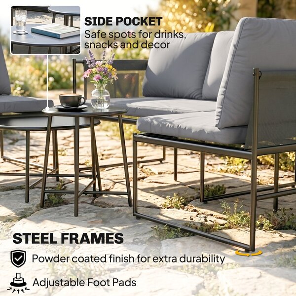Outsunny 5-Piece Outdoor Lounge Set for 4–5 – Modular L-Shaped Sofa, Armless Chair, 2 Coffee Tables, Washable Cushions, Breathable Mesh Seats – Dark G