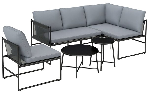 Outsunny 5-Piece Outdoor Lounge Set for 4–5 – Modular L-Shaped Sofa, Armless Chair, 2 Coffee Tables, Washable Cushions, Breathable Mesh Seats – Dark G